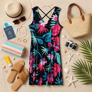 Connected Apparel Floral Stretch Midi Dress Size 14  Tropical Cruise Summer